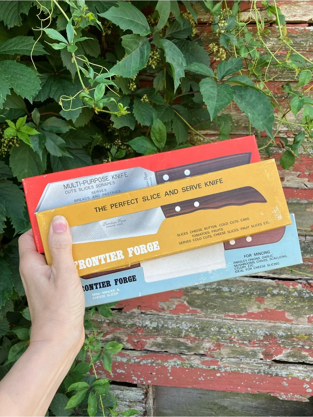 Vintage Frontier Forge Japan Knife Set of 3 in Boxes Mincer Cheese Multi-Purpose